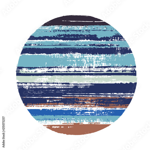Abrupt circle vector geometric shape with stripes texture of ink horizontal lines. Disk banner with old paint texture. Label round shape circle logo element with grunge stripes background.