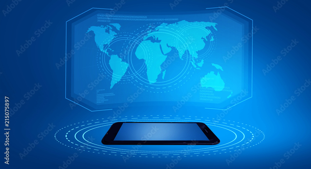 Mobile phone, on a blue neon background, additional reality in the form of a holographic display, world map Mobile phone, on a blue neon background, additional reality in the form of a holographic display, world map