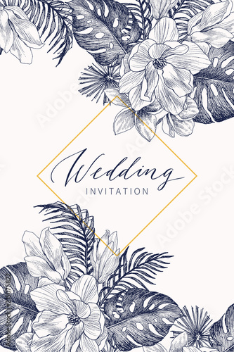 Botanical wedding invitation card template design, hand drawn palm and monstera leaves with magnolia on white back. Gold Rhombus frame, minimalist vintage style. vector design