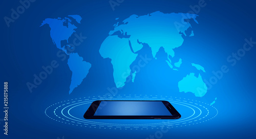 Mobile phone, on a blue neo...