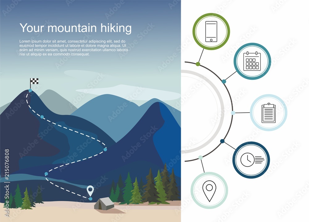 Fototapeta premium Hiking route infographic with a five steps. Layers of mountain landscape with fir trees