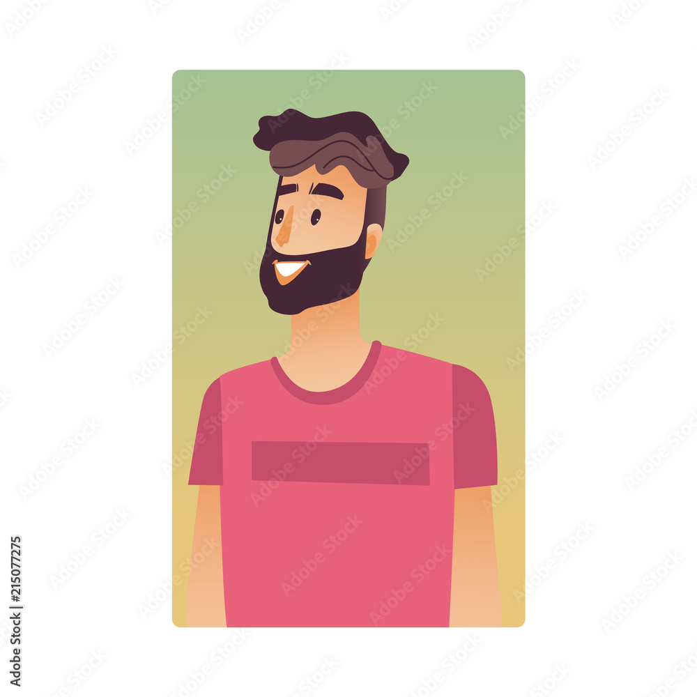 Brunette young man flat avatar for social networks, blogs use. Bearded smiling guy in pink tshirt, handsome male character portrait. Vector illustration on yellow background.