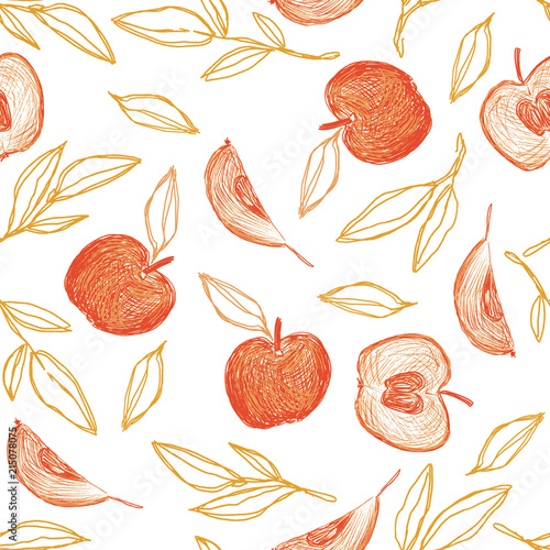 Seamless vector pattern in sketch technique with apples and branches with leaves. Autumn hand drawn ornament in orange and brown colors.