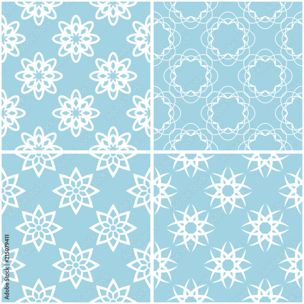 Floral patterns. Set of blue and white seamless backgrounds Floral patterns. Set of blue and white seamless backgrounds