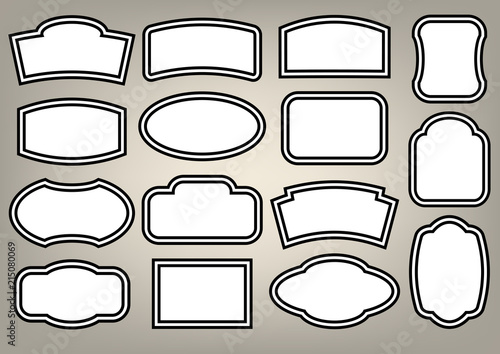 Set of white plates and signboards of different shapes on beige background. Collection of white frames. Vector illustration.