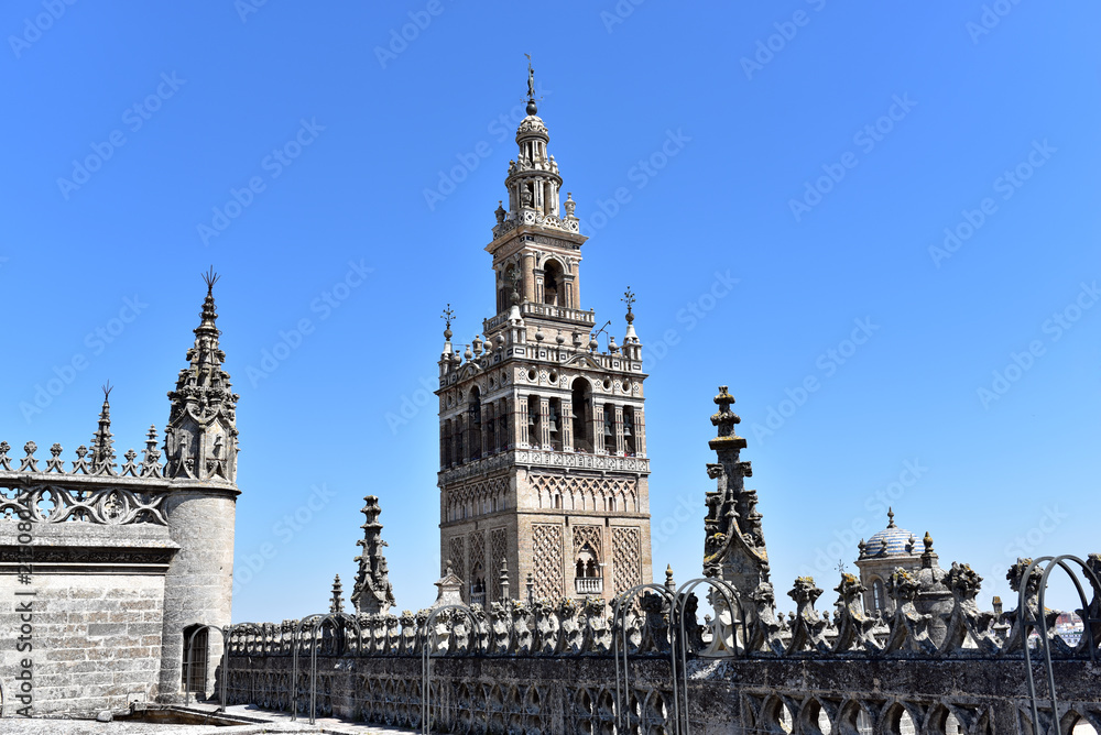 A view of the Giralda bell tower and the Cathedral of Saint Mary of the See in Seville, Andalucia, Spain