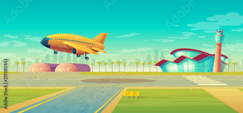 Vector landing strip, takeoff of the plane. Terminal, control room in tower. Asphalt runway for passenger transportation, landscape with hangar, building. Travel concept, background for poster