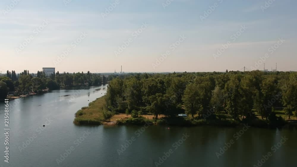 Drone flight over Alte Donau lake in Vienna, Austria Drone flight over Alte Donau lake in Vienna, Austria