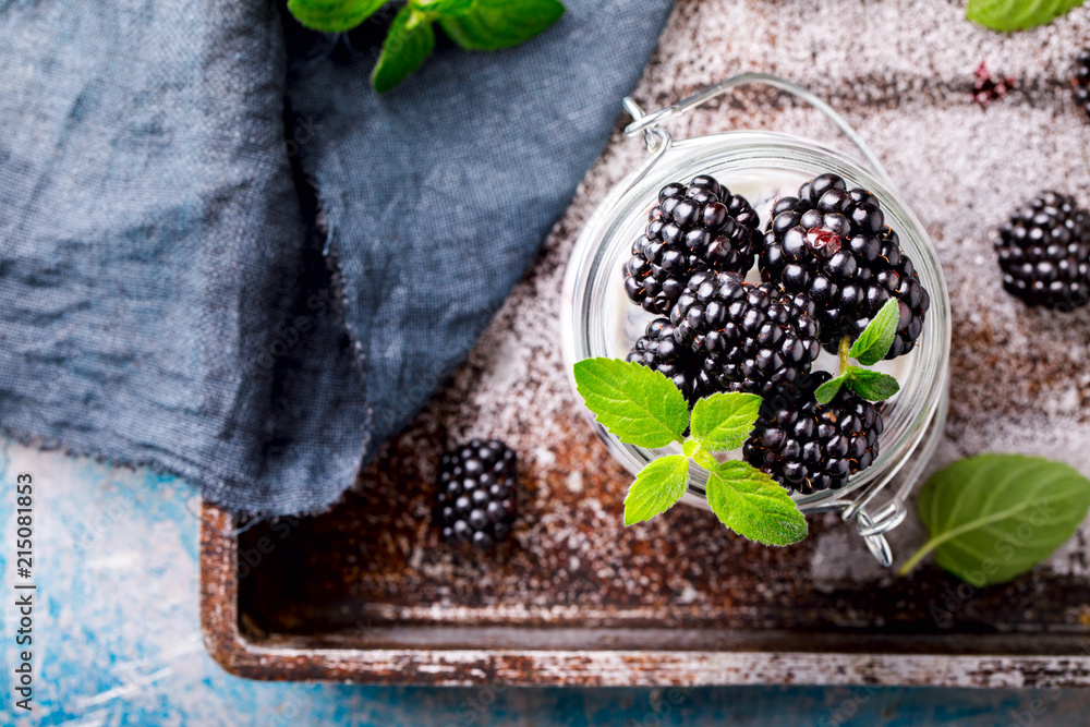 Blackberry with Greek Yogurt and Mint. Fresh Berry. Useful Breakfast in a Jar. Smoothie Light Meal Natural Food. Blackberry with Greek Yogurt and Mint. Fresh Berry. Useful Breakfast in a Jar. Smoothie Light Meal Natural Food.