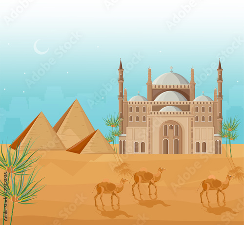 Egypt pyramids card background Vector. Desert view and mosque architecture poster templates