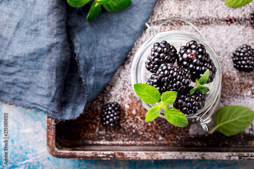 Blackberry with Greek Yogurt and Mint. Fresh Berry.  Useful Breakfast in a Jar. Smoothie Light Meal Natural Food.