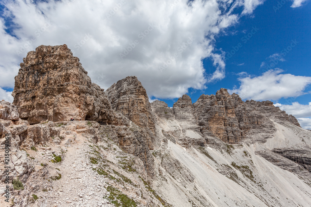 Alpine path that passes through the italian posts of the First World War, Mount Paterno, Dolomites, Italy
