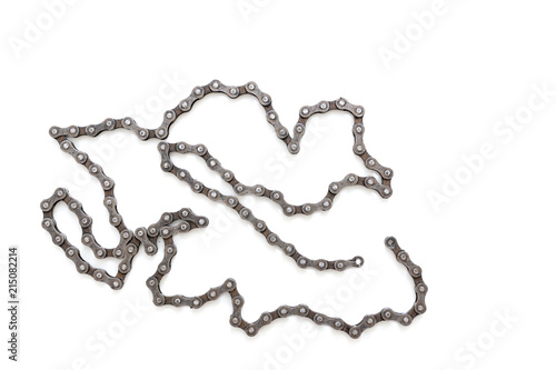 Old dirty broken Bicycle chain on white background