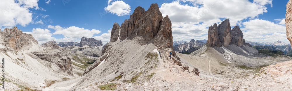 Awesome panorama of the Croda di Passaporto and Tre Cime di Lavaredo, Dolomites, Italy