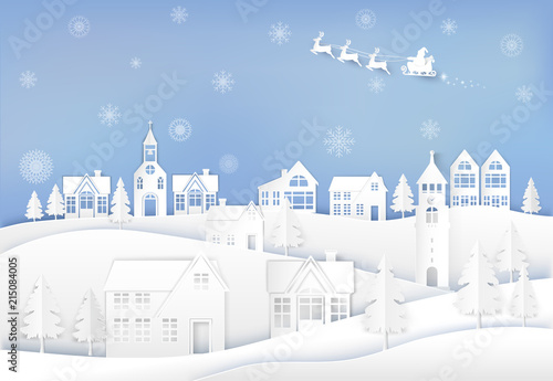 Santa and deer in city town with snowflake background. Christmas season paper art style illustration.