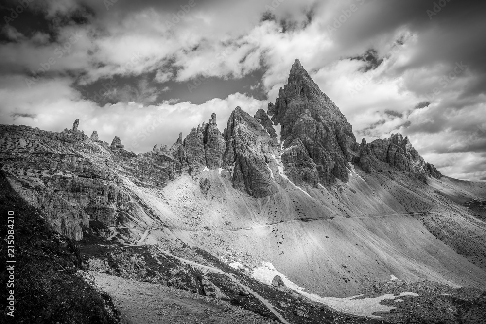 Spectacular dolomites pinnacles of Monte Paterno black and white effect, Dolomites, Italy