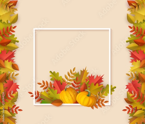Autumn leaves with pumpkins square border frame background with space text. Seasonal advertising poster template with floral maple oak tree orange leaves for thanksgiving holiday harvest vector design