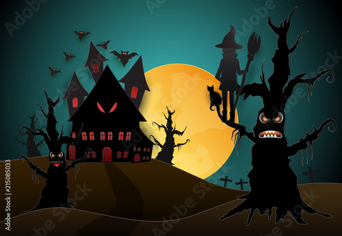 Young witch and cat in dark forest Halloween paper art background concept, paper cut style illustration