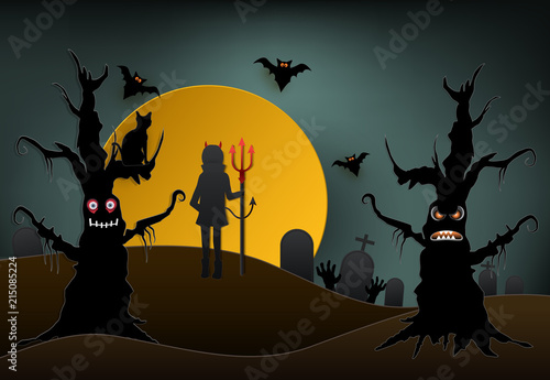 Young devil with cat in cemetery and dark forest Halloween paper art background
