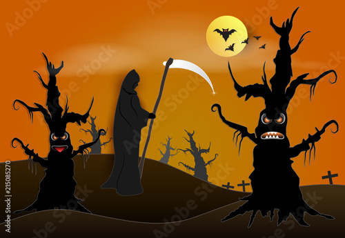 Grim reaper in dark forest and bat Halloween paper art background, paper cut style illustration