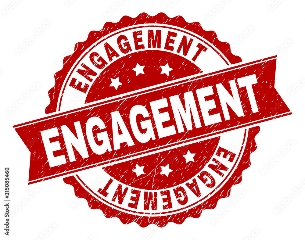 ENGAGEMENT seal imprint with corroded texture. Rubber seal imitation has round medal form and contains ribbon. Red vector rubber print of ENGAGEMENT caption with corroded texture. ENGAGEMENT seal imprint with corroded texture. Rubber seal imitation has round medal form and contains ribbon. Red vector rubber print of ENGAGEMENT caption with corroded texture.