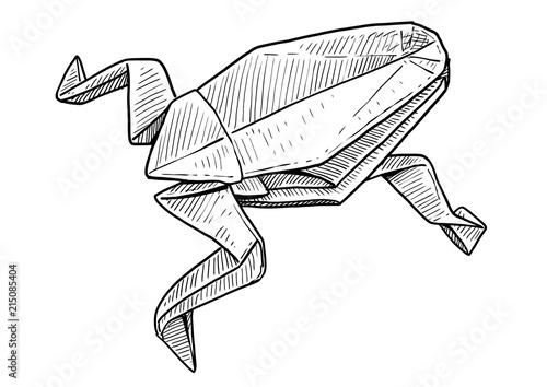 Frog origami illustration, drawing, engraving, ink, line art, vector