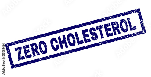 Rectangle ZERO CHOLESTEROL seal stamp with corroded texture. Rubber seal imitation has rectangle frame. Blue vector rubber print of ZERO CHOLESTEROL caption with retro texture.