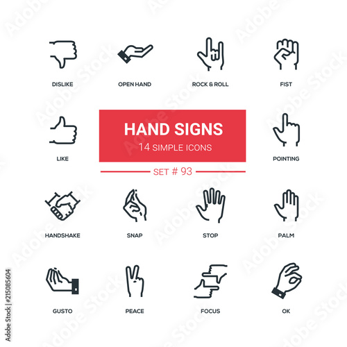 Hand signs - flat design style icons set