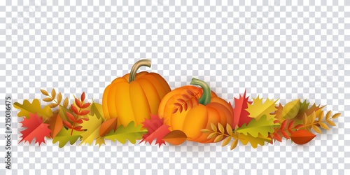 Autumn leaves and pumpkins pattern on transparent background. Seasonal floral maple oak tree orange leaves with gourds for thanksgiving holiday, harvest decoration vector design.