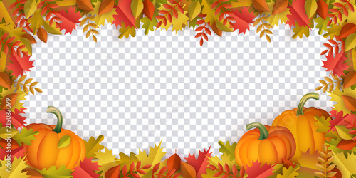 Autumn leaves and pumpkins border frame with space text on transparent background. Seasonal floral maple oak tree orange leaves with gourds for thanksgiving holiday, harvest decoration vector design.