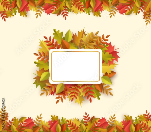 Autumn leaves square border frame background with space text . Seasonal floral maple oak tree orange leaves for thanksgiving holiday, harvest decoration vector design.