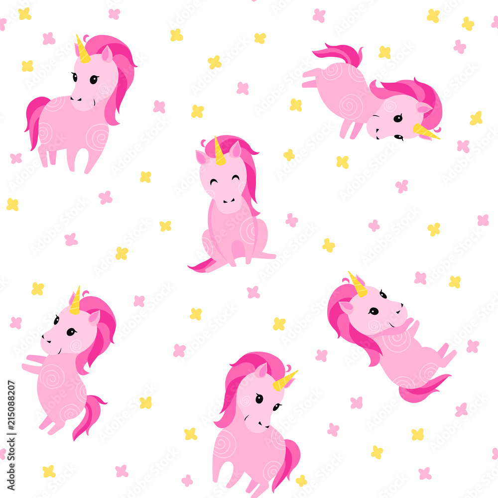 Seamless cute pattern with cute pink unicorns and flowers. Pretty hand drawn vector texture. Childish texture for fabric, textile.
