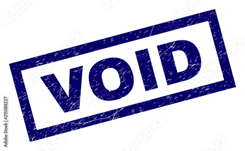 Rectangle VOID seal print with distress texture. Rubber seal imitation has rectangle frame. Blue vector rubber print of VOID label with grunge texture.