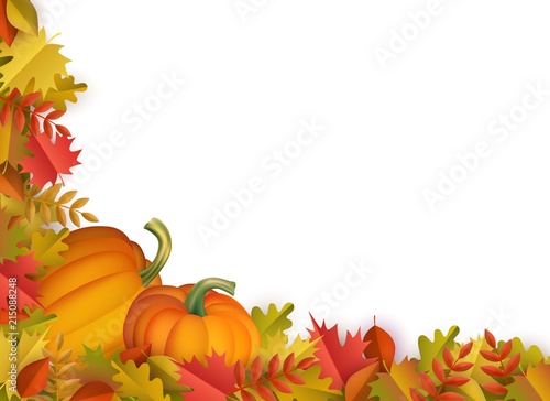 Autumn leaves and pumpkins border frame background with space text . Seasonal floral maple oak tree orange leaves with gourds for thanksgiving holiday, harvest decoration vector design.