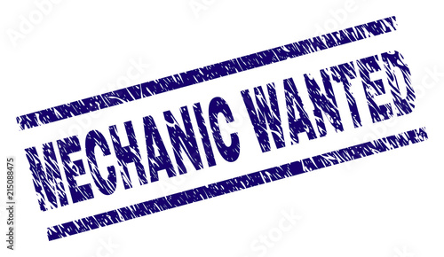 MECHANIC WANTED seal stamp with distress style. Blue vector rubber print of MECHANIC WANTED title with retro texture. Text title is placed between parallel lines.