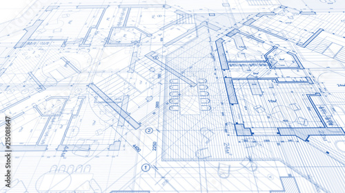 Architecture design: blueprint plan - illustration of a plan modern residential building / technology, industry, business concept illustration: real estate, building, construction, architecture