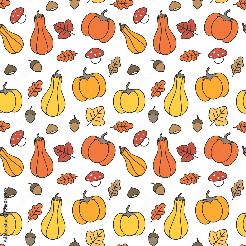cute fall autumn seamless vector pattern background illustration with  pumpkins, leaves, acorns, chestnuts and mushrooms Stock Vector