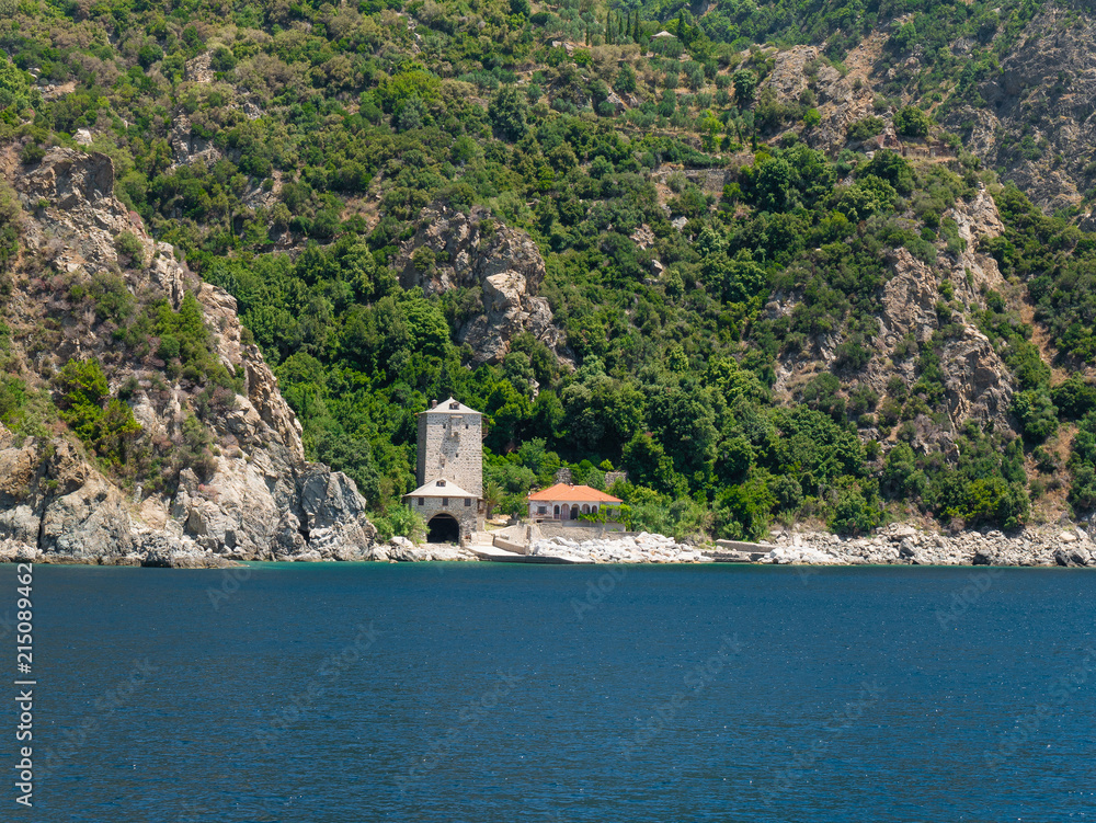 monastery buildings on shore of the Aegean Sea. Greece, Athos