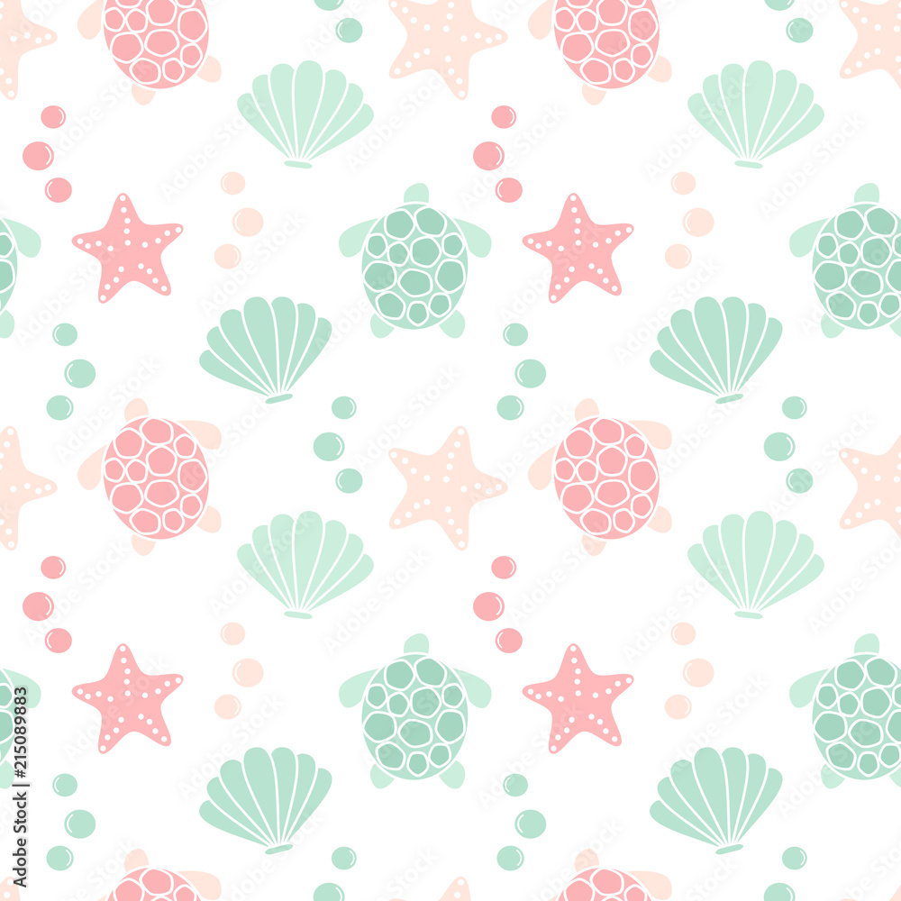 cute lovely summer seamless vector pattern background illustration with turtles, shells and starfishes