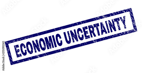 Rectangle ECONOMIC UNCERTAINTY seal print with corroded texture. Rubber seal imitation has rectangle frame. Blue vector rubber print of ECONOMIC UNCERTAINTY tag with scratched texture.