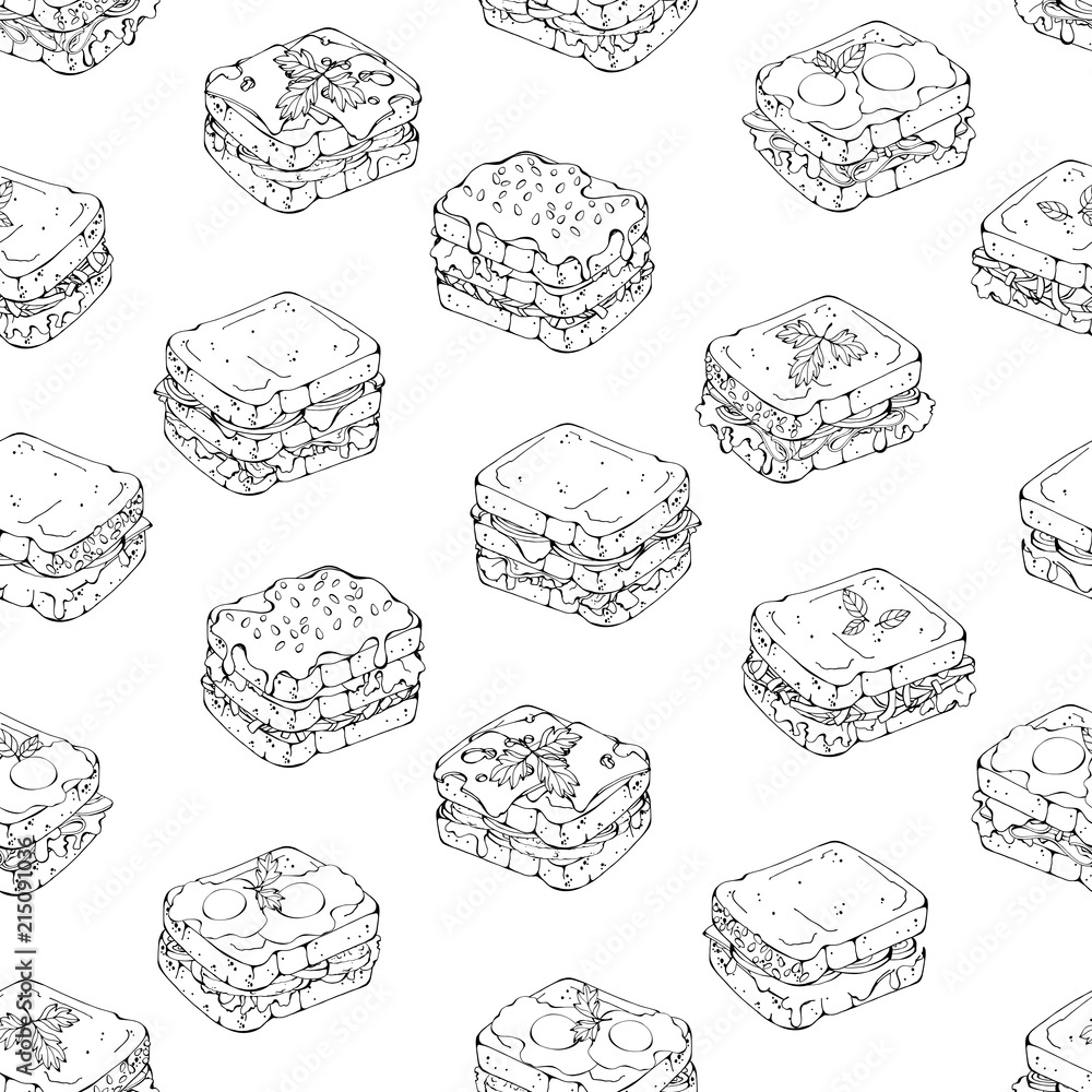 Pattern of vector illustrations on the fast food theme; set of different kinds of sandwiches.