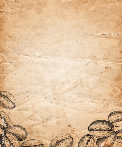 Hand drawn coffee beans frame on old paper background