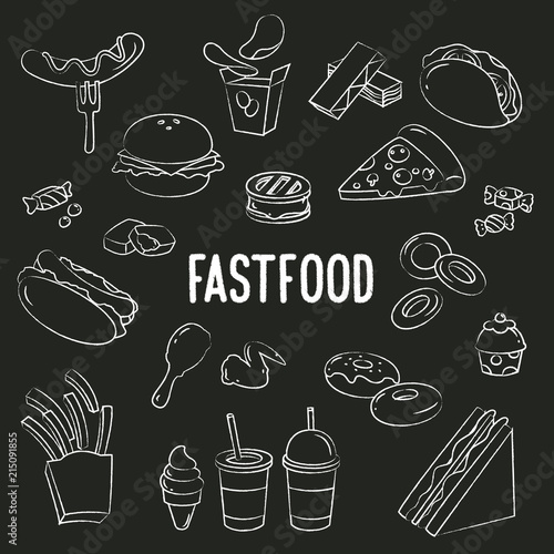 Fastfood Doodle on blackboard background.