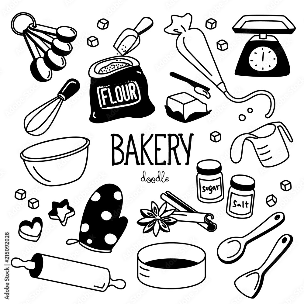 Bakery equipment doodle. Hand drawing styles Bakery. Stock Vector