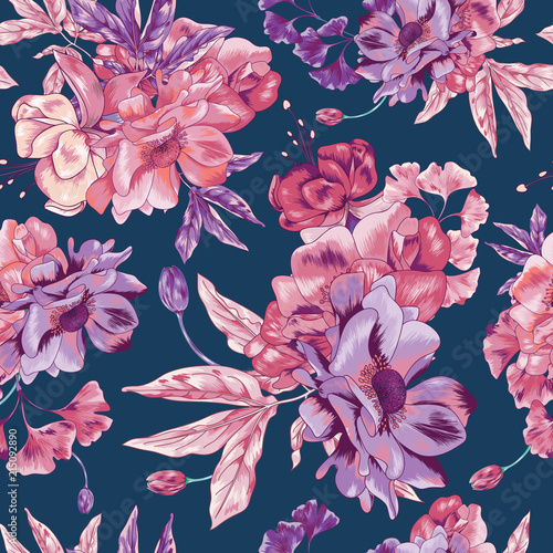 Fototapeta Naklejka Na Ścianę i Meble -  Pink Poppy Seamless Vector Botanical Background