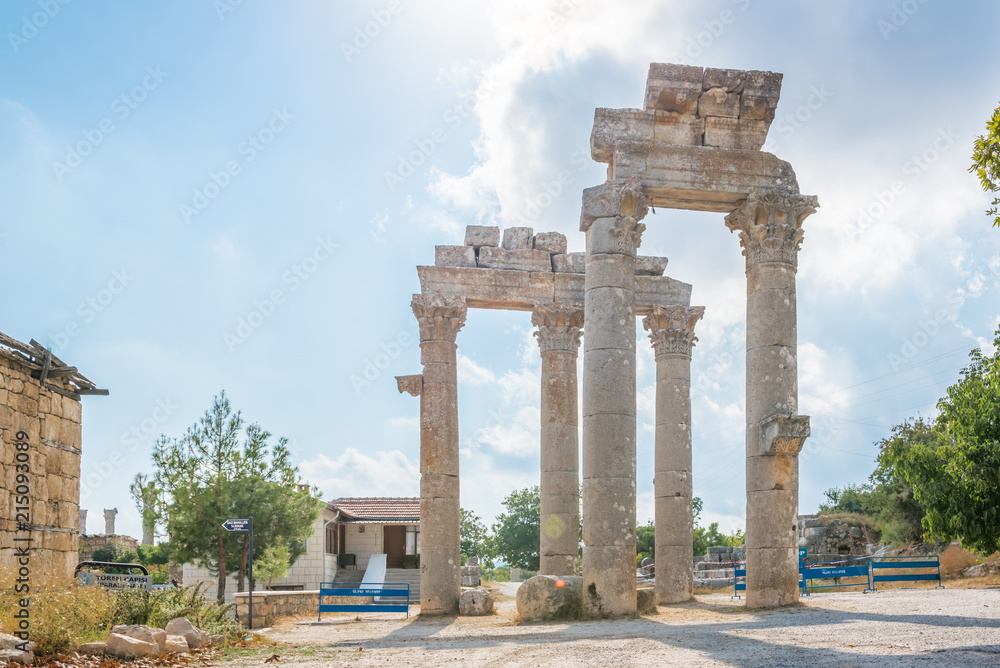 Marble Ceremonial Gate columns entrance of  Uzuncaburc Ancient city located in Uzuncaburc,Silifke,Mersin,Turkey