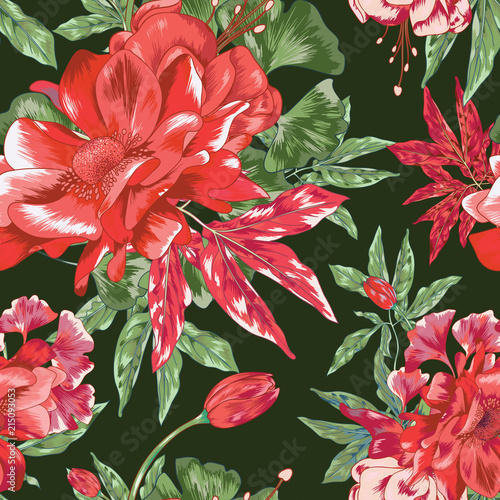 Fototapeta Naklejka Na Ścianę i Meble -  Red Poppy Seamless Vector Textile Pattern