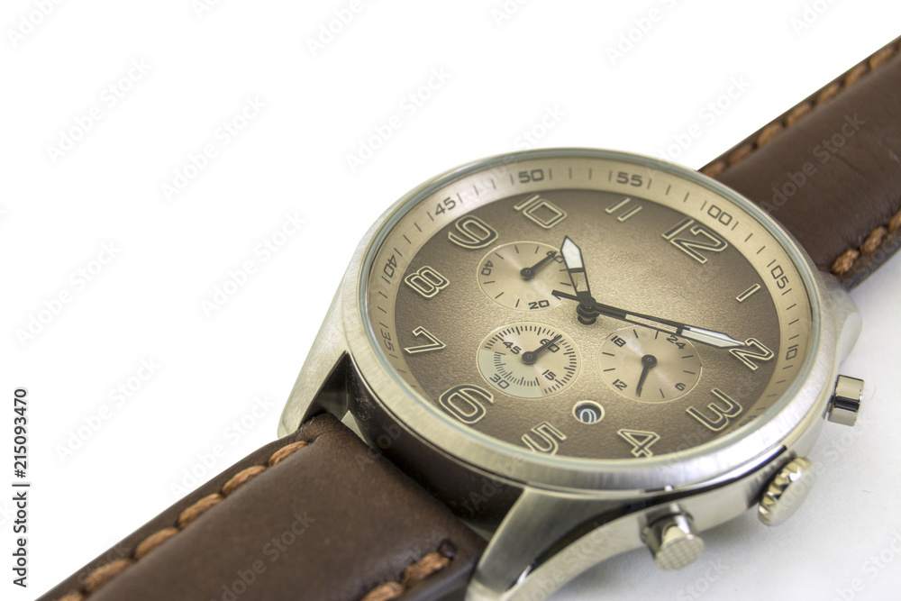 Isolated. Close up. Men's watches are on a white background. Clockwise