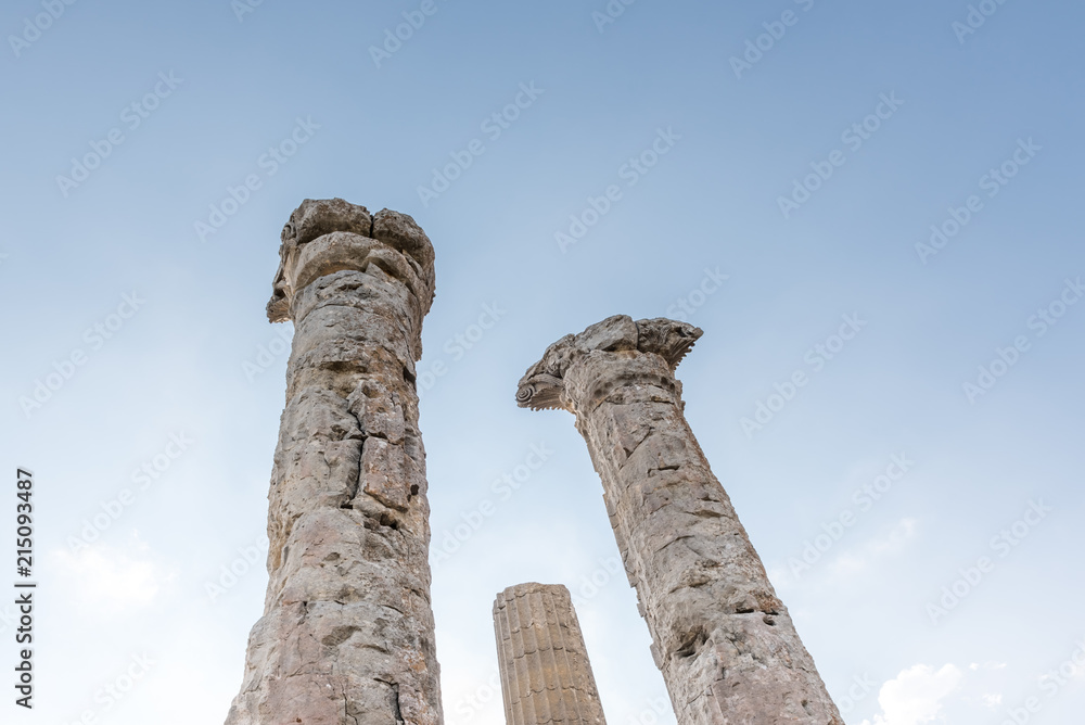With blue sky,Marble columns of Zeus temple at  Uzuncaburc Ancient city located in Uzuncaburc,Silifke,Mersin,Turkey.