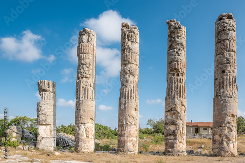 With blue sky,Marble columns of Zeus temple at Uzuncaburc Ancient city located in Uzuncaburc,Silifke,Mersin,Turkey.